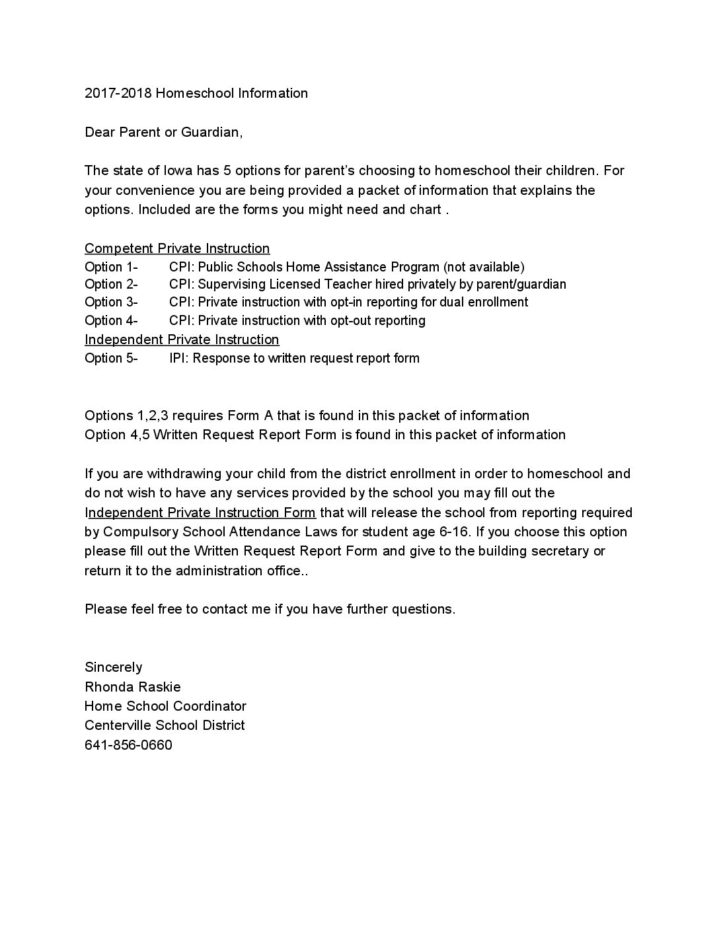 Homeschool Letter To Parent 2017 2018 Centerville Community School District